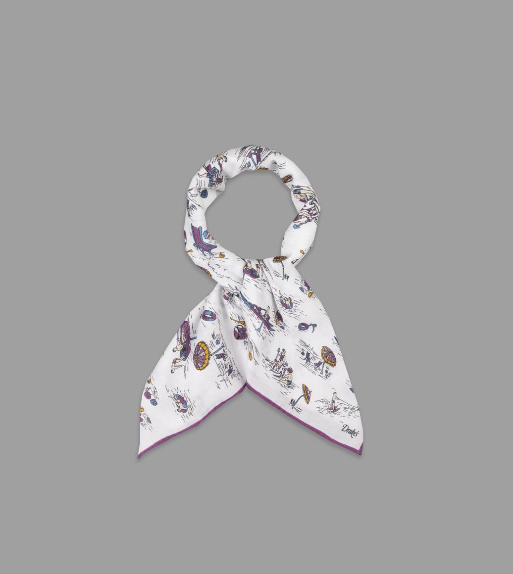 Ecru and Magenta Seaside Print Cotton Bandana