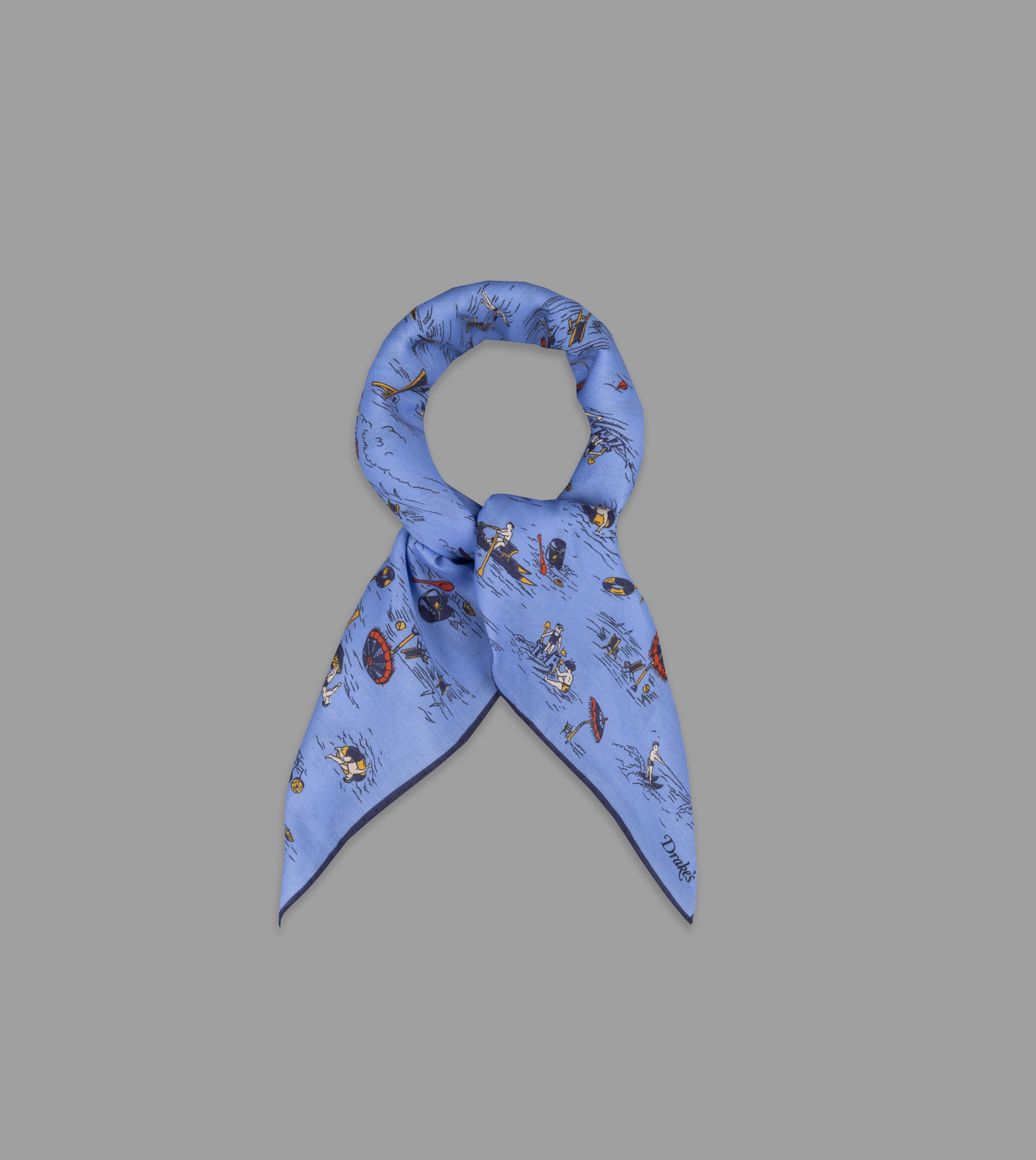 Sky Blue and Navy Seaside Print Cotton Bandana