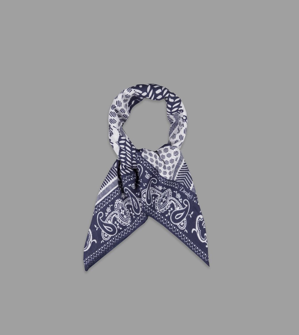 Navy and Ecru Patchwork Paisley Cotton Bandana