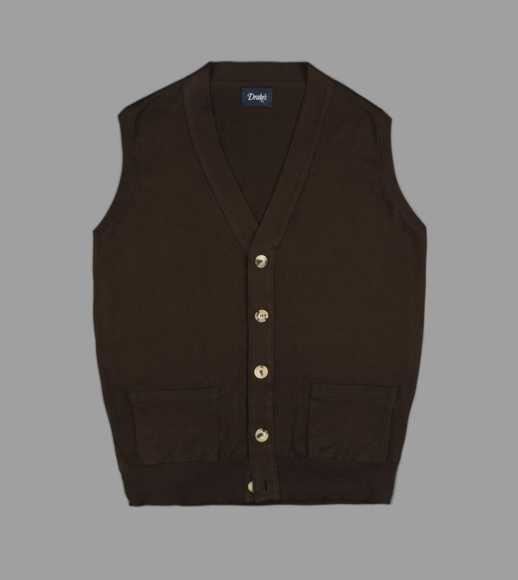 Brown Knitted Cotton Sleeveless Cardigan