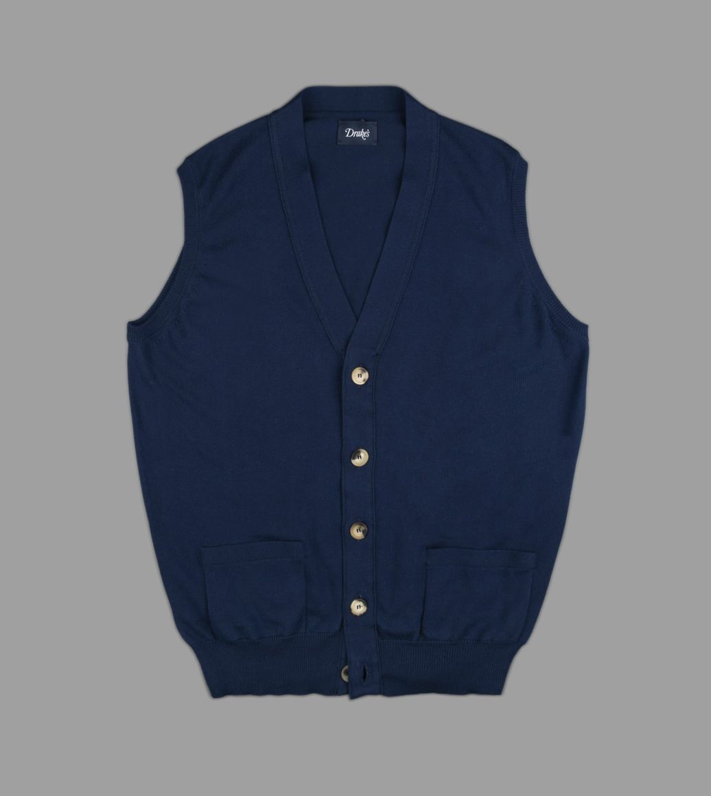 Navy Knitted Cotton Sleeveless Cardigan