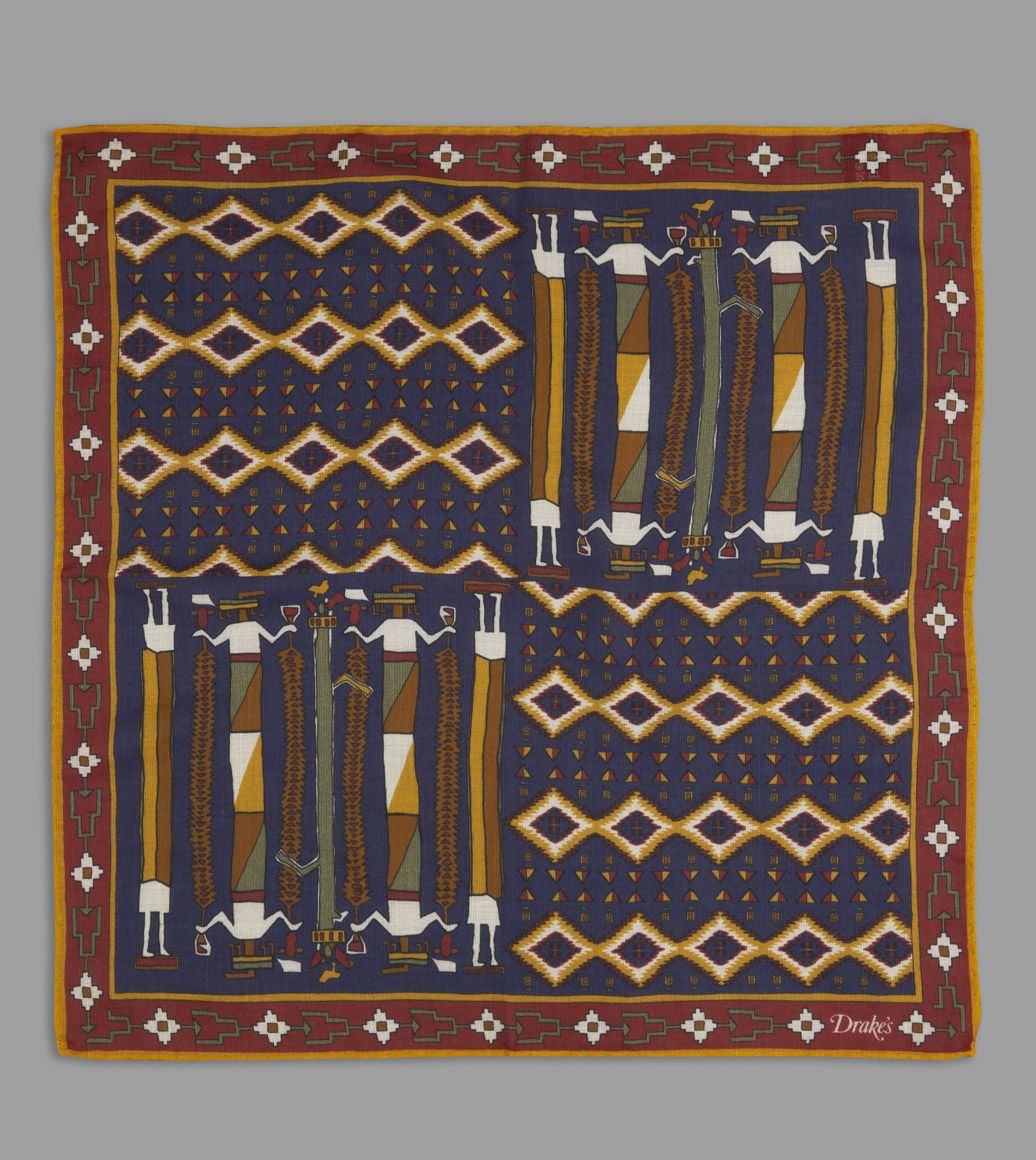 Blue and Gold Inca Print Cotton-Modal-Cashmere Pocket Square