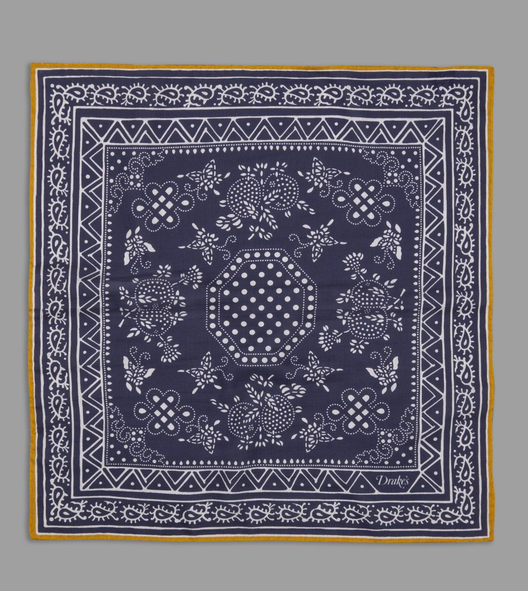 Navy and Yellow Simple Paisley Cotton-Silk Pocket Square