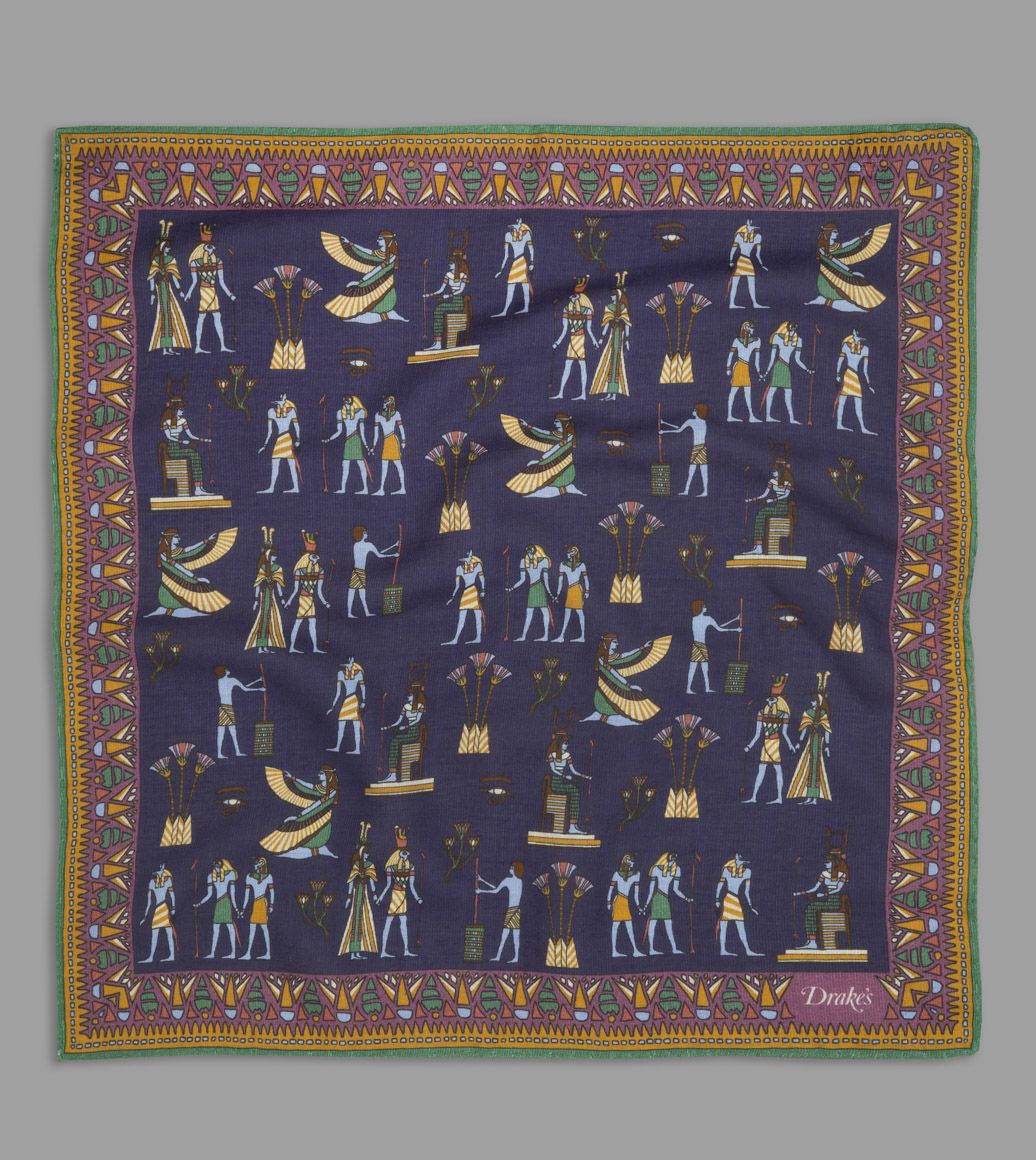 Navy and Green Egyptian Print Cotton-Modal-Cashmere Pocket Square