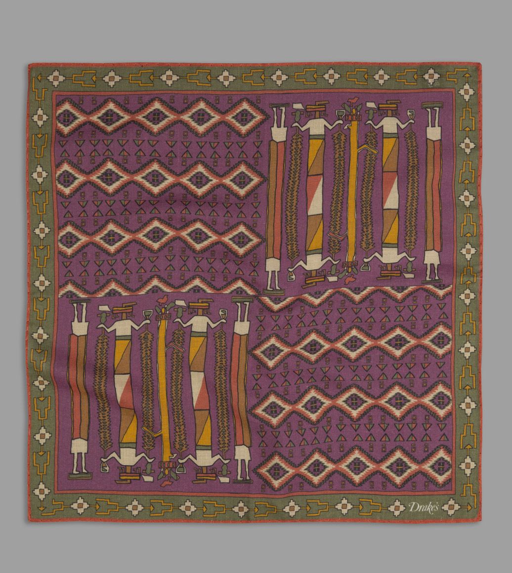 Magenta and Red Inca Print Cotton-Modal-Cashmere Pocket Square