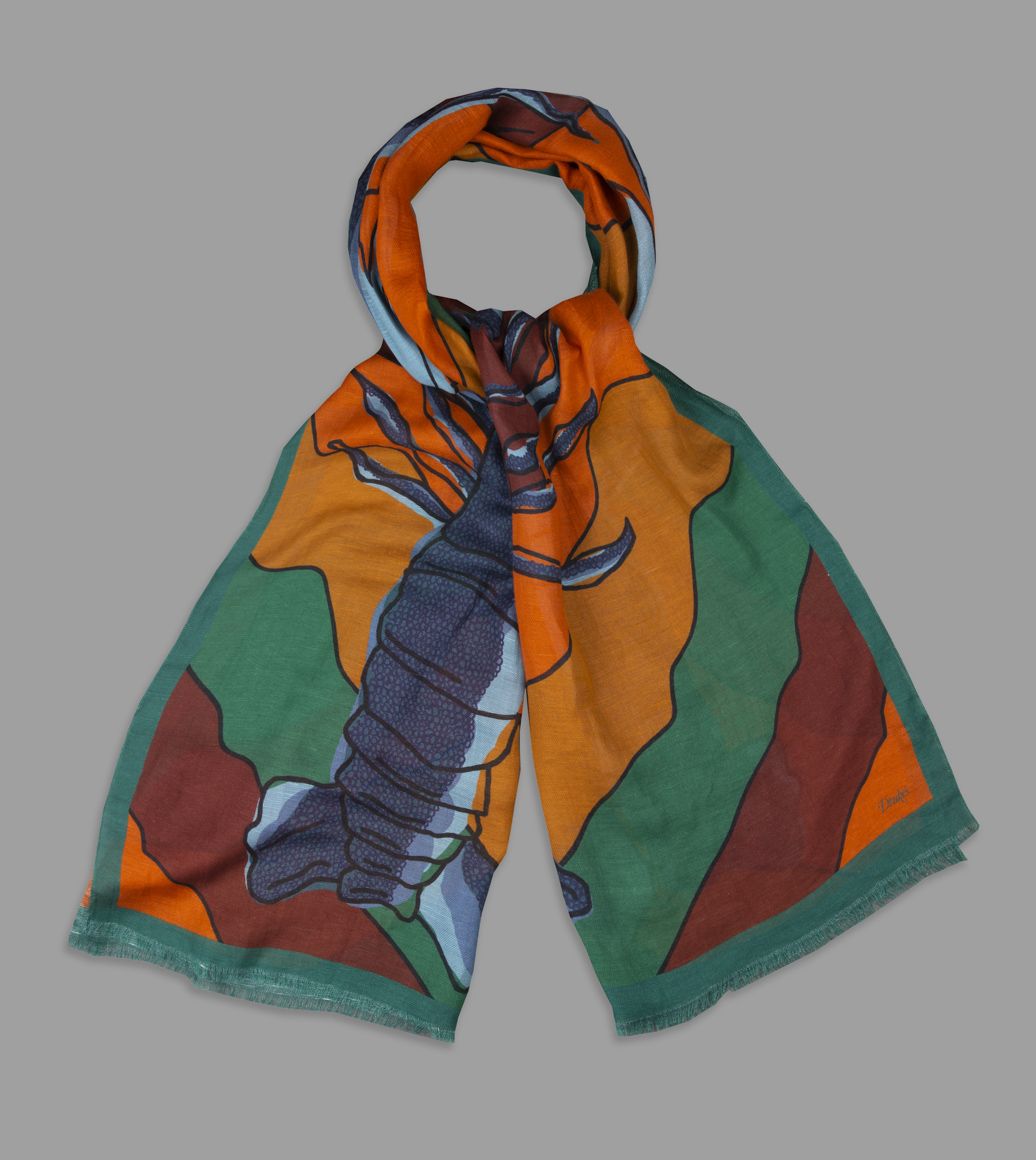Orange, Rust and Green Lobster Print Cotton-Linen Scarf