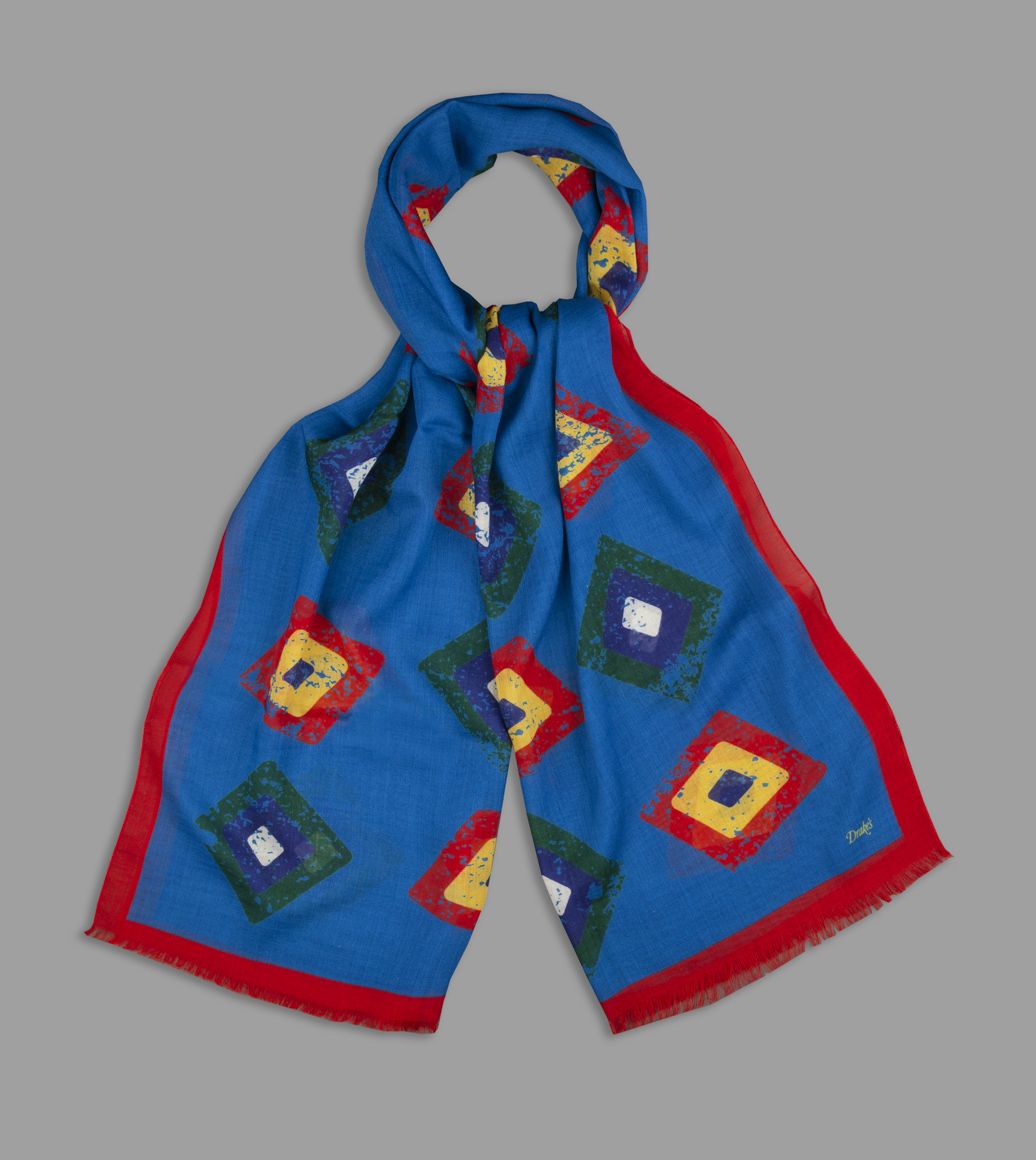 Azure Vintage Medallion Print Wool Scarf