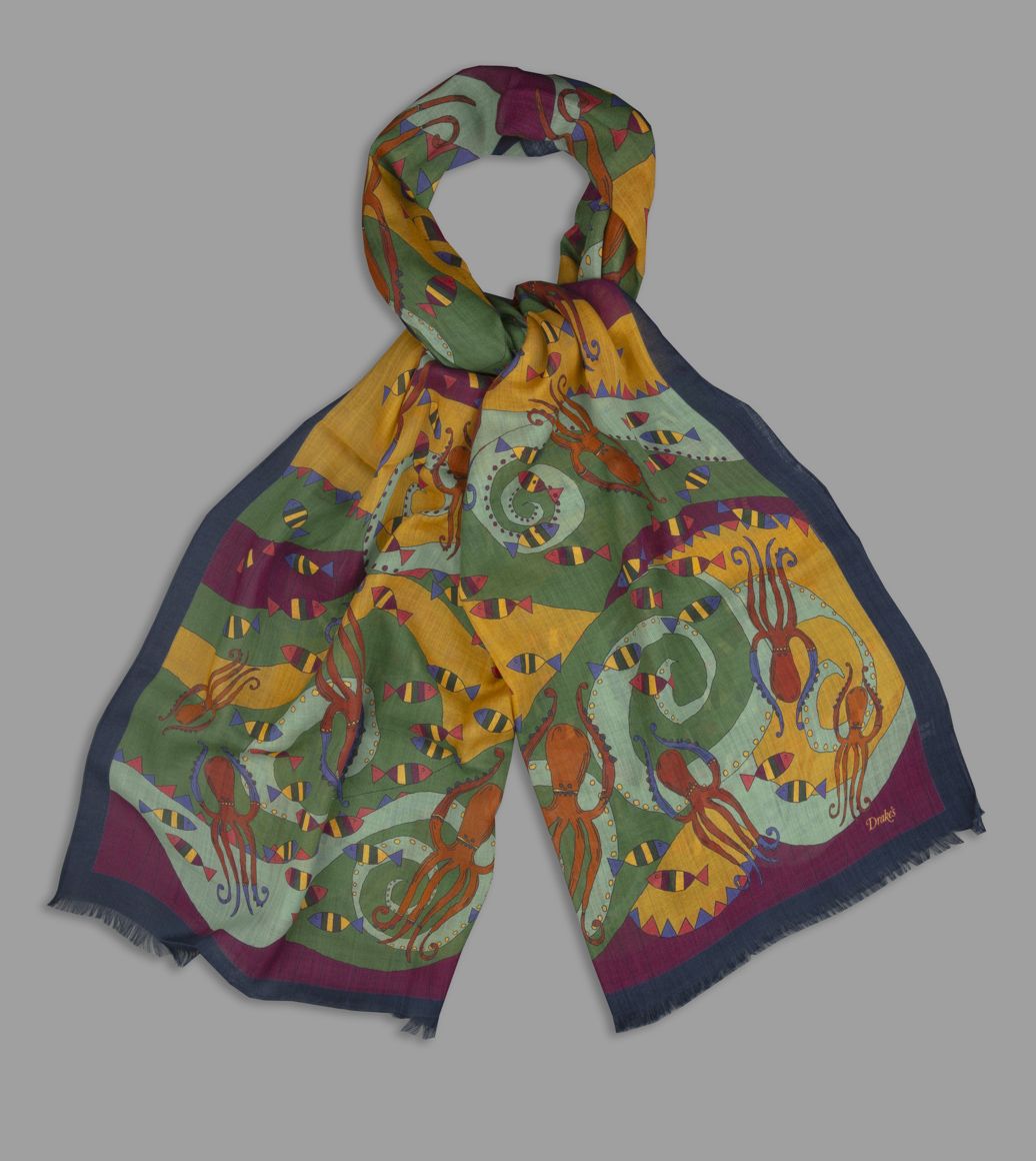 Green, Magenta and Navy Octopus Print Wool Scarf