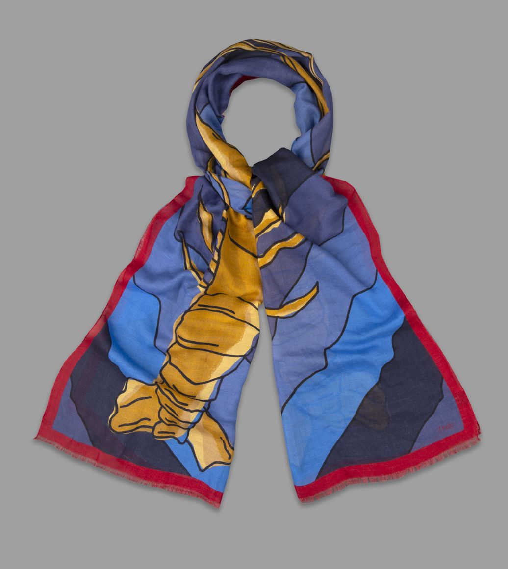 Blue, Navy and Red Lobster Print Cotton-Linen Scarf