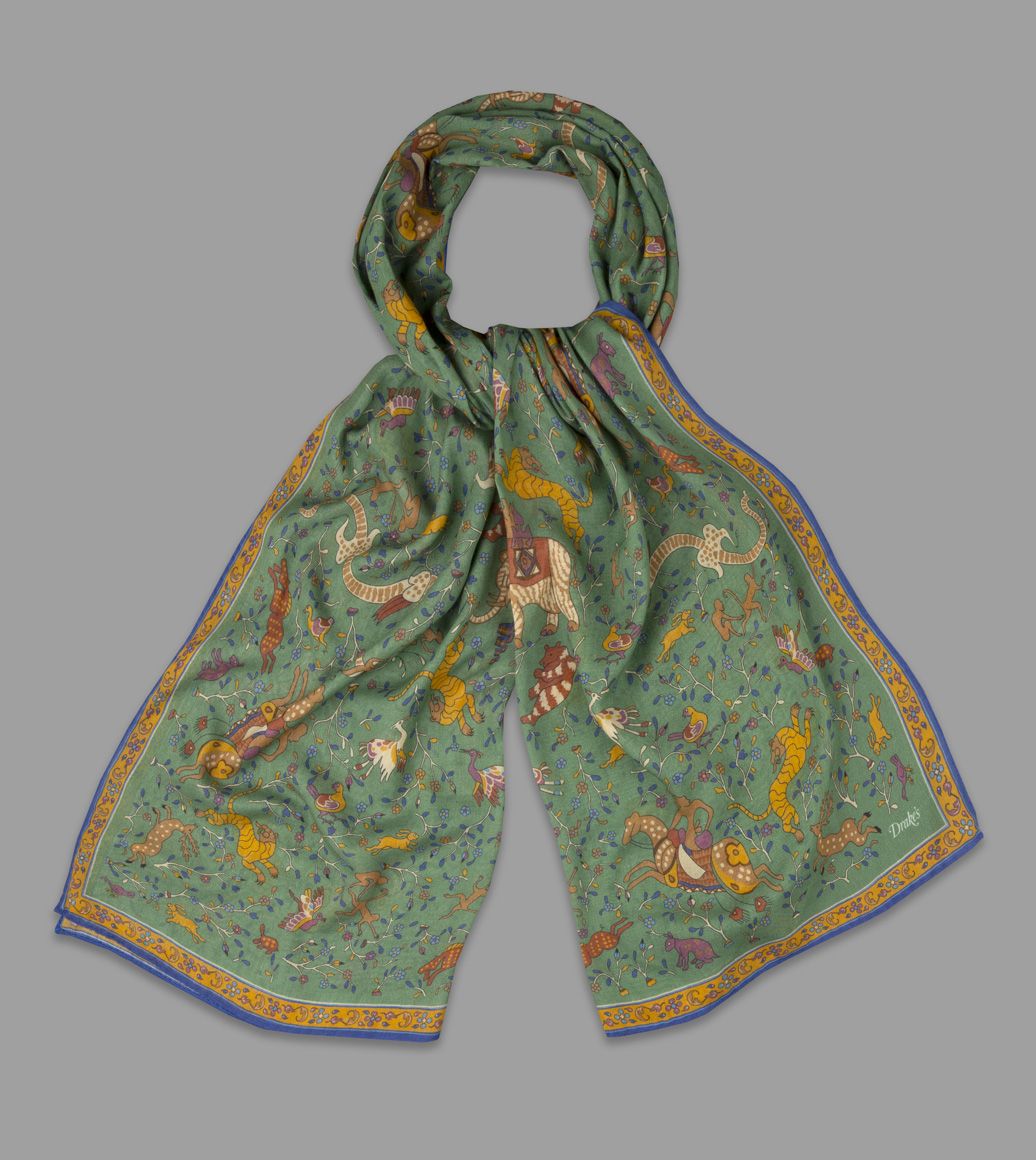 Green and Blue Mythical Animal Print Cotton-Modal-Cashmere Scarf
