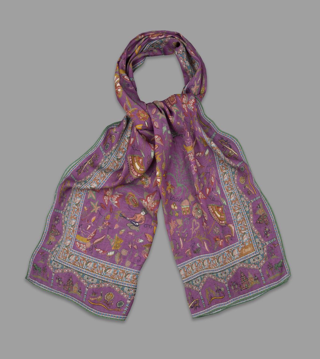 Magenta Classic Mughal Print Cotton-Modal-Cashmere Scarf