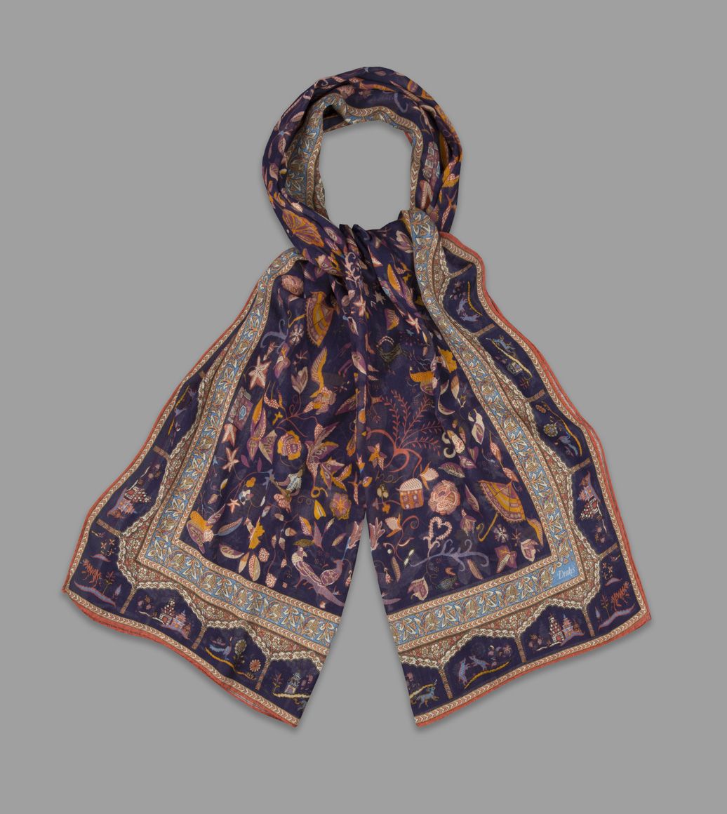 Navy Classic Mughal Print Cotton-Modal-Cashmere Scarf