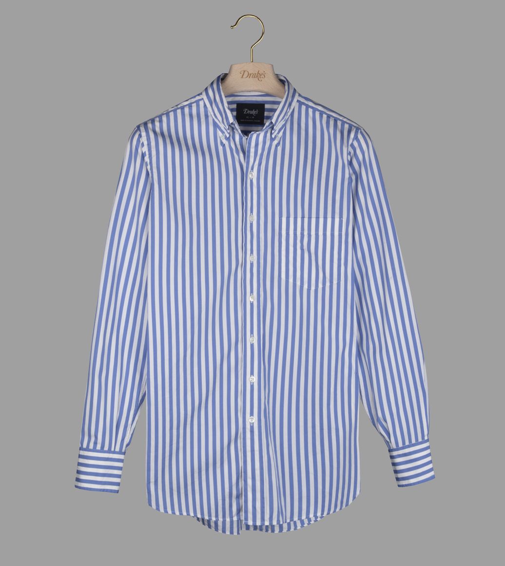 Blue and White Broad Stripe Cotton Poplin Button-Down Shirt