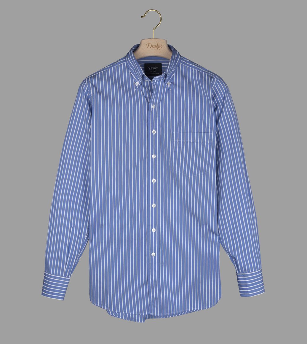 Blue and White Narrow Stripe Cotton Poplin Button-Down Shirt