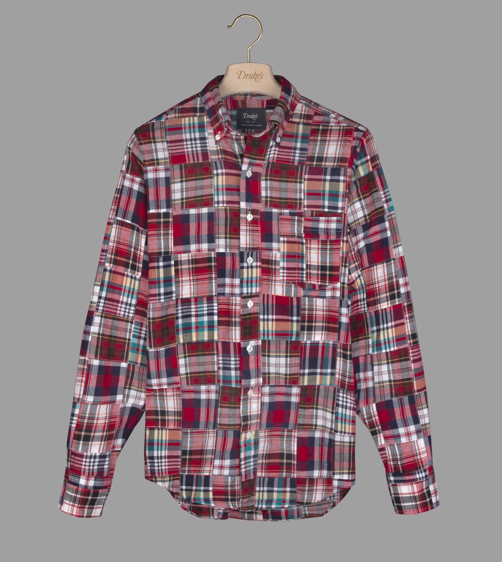 Red Check Patchwork Madras Cotton Button-Down Shirt