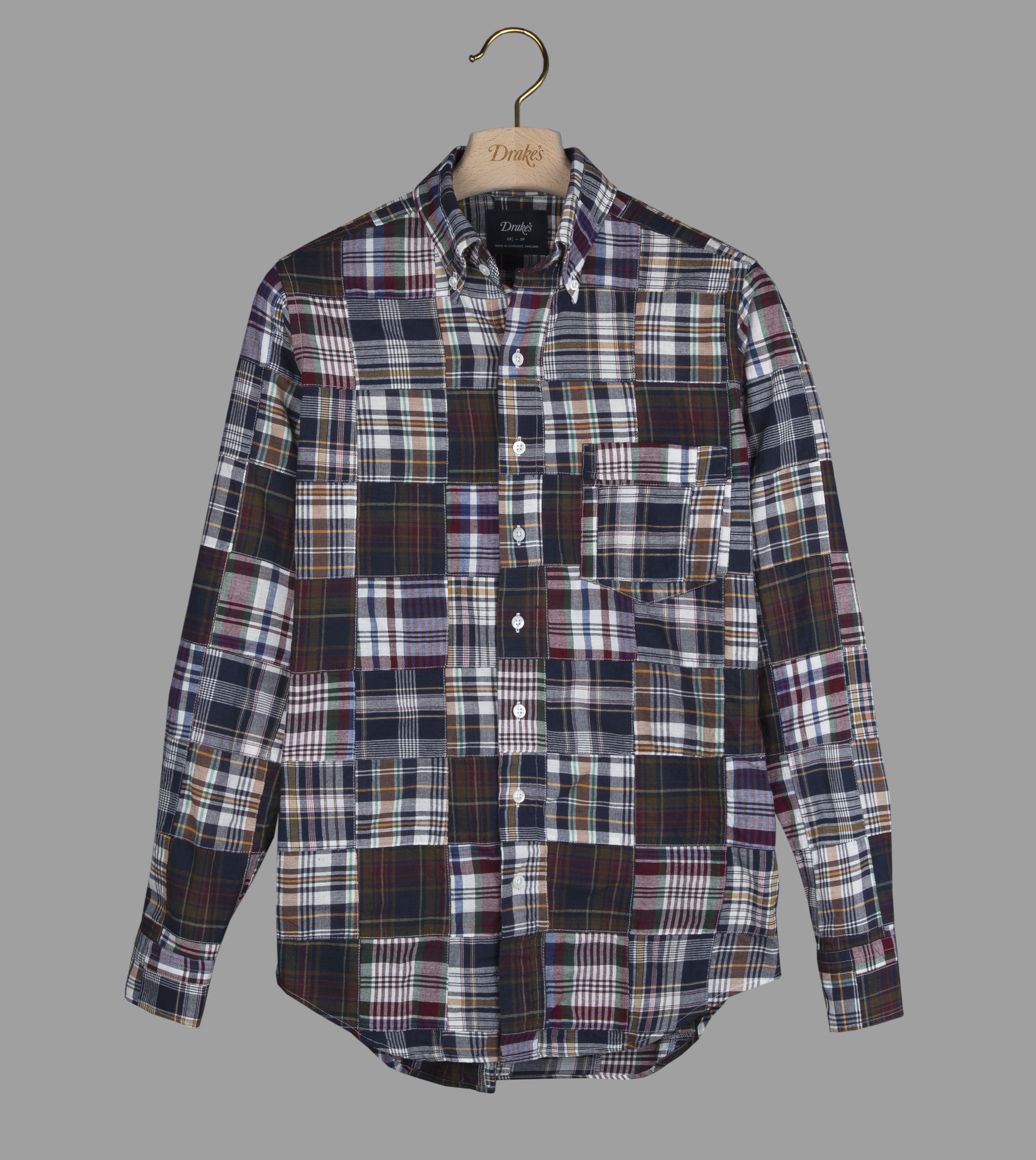 Multi Check Patchwork Madras Cotton Button-Down Shirt