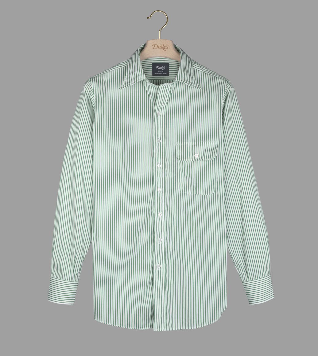Green Stripe Cotton Poplin Long Point Collar Shirt