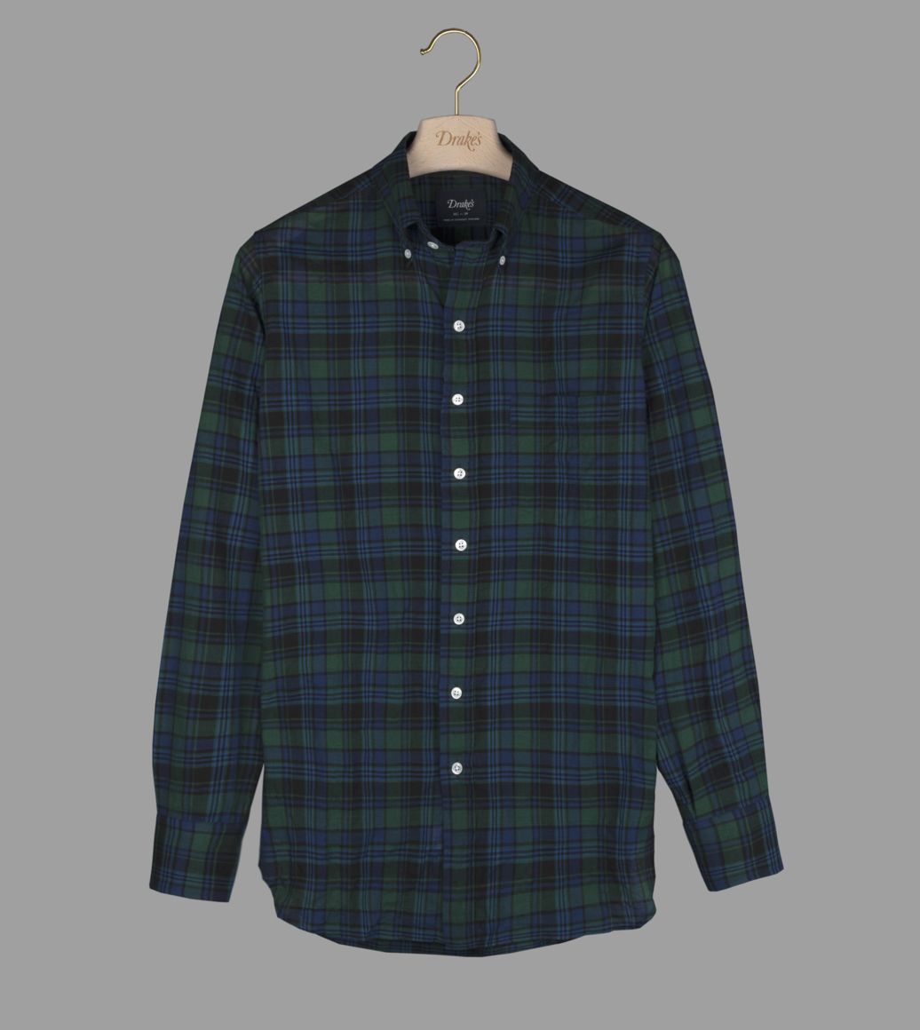 Navy and Green Check Cotton-Linen Button-Down Shirt