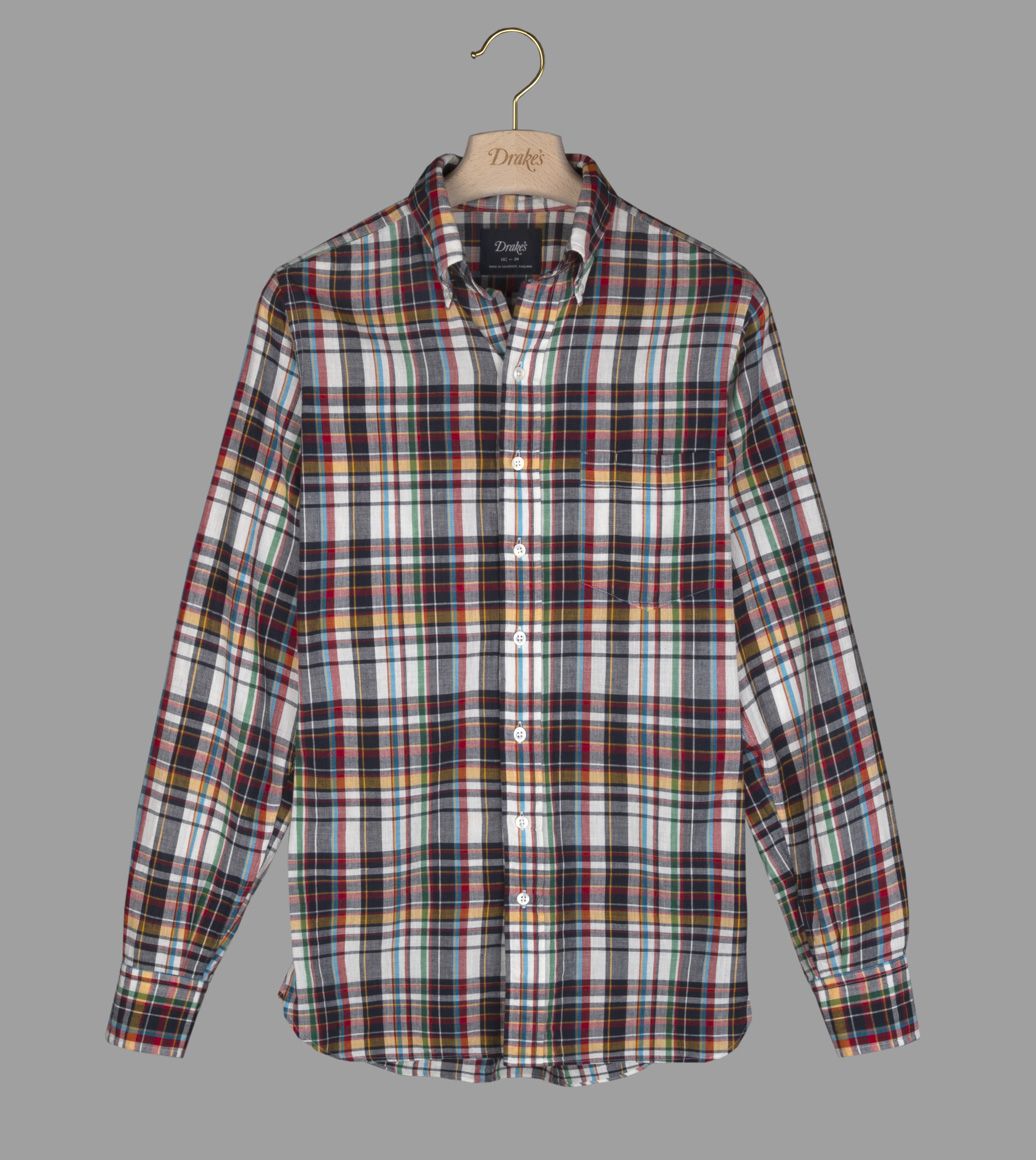 Red, Black and Yellow Check Madras Cotton Button-Down Shirt