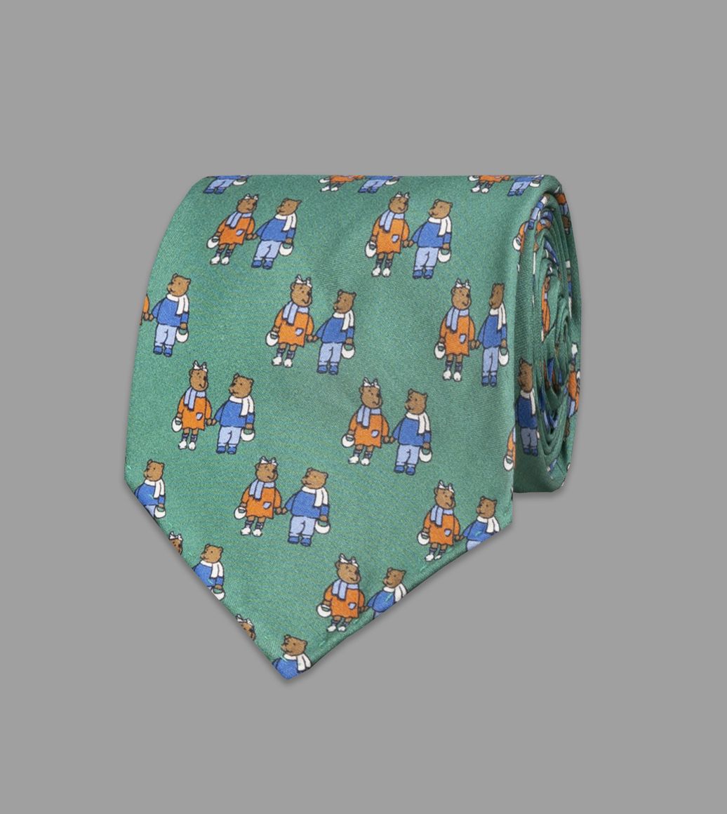 Green, Blue and Orange Bear Print Silk Tie