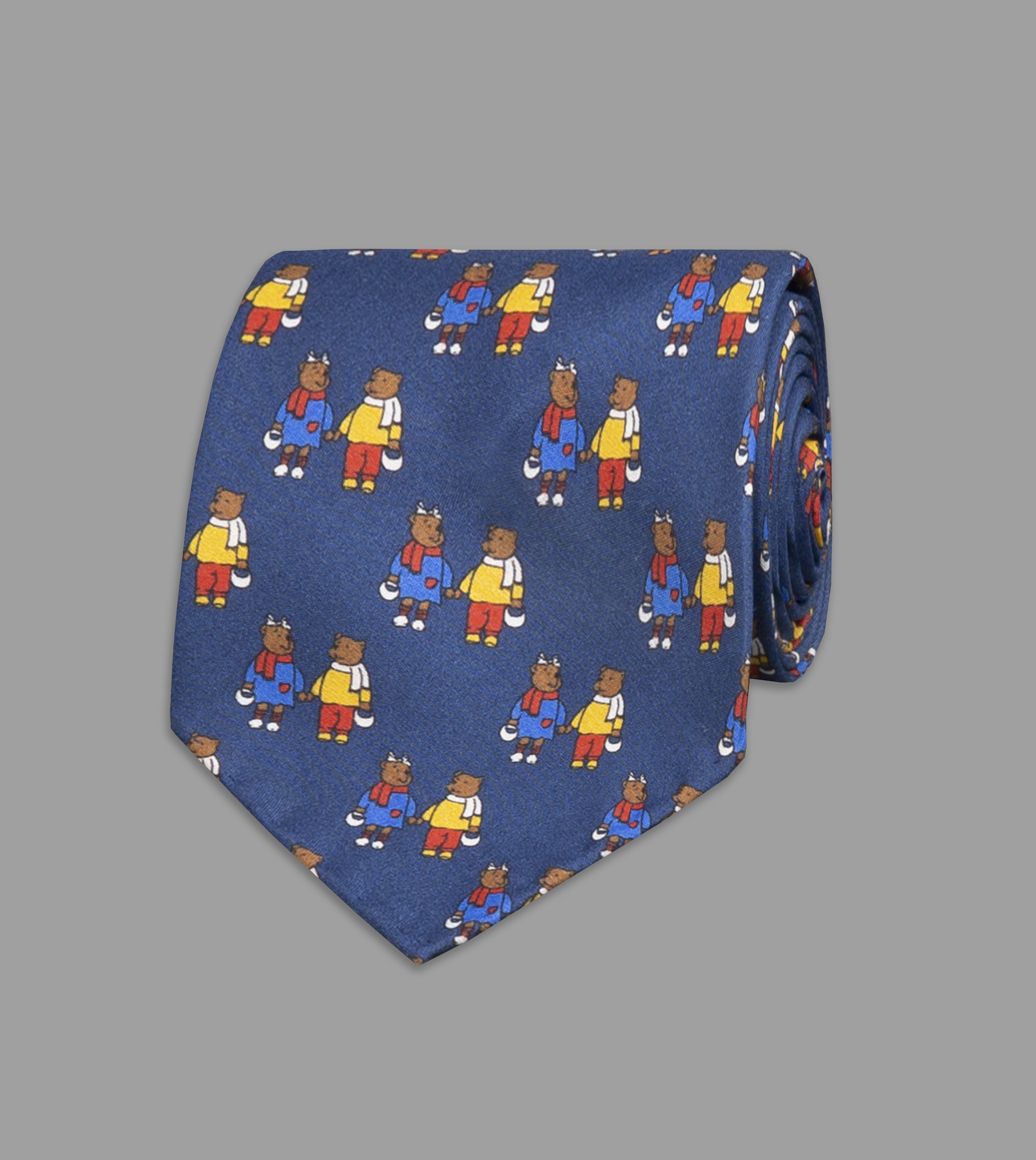 Blue, Red and Yellow Bear Print Silk Tie