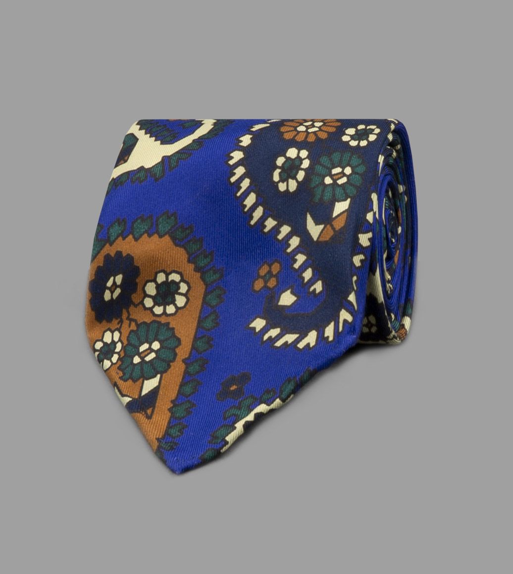 Blue, Green and Rust Boteh Print Silk Tie