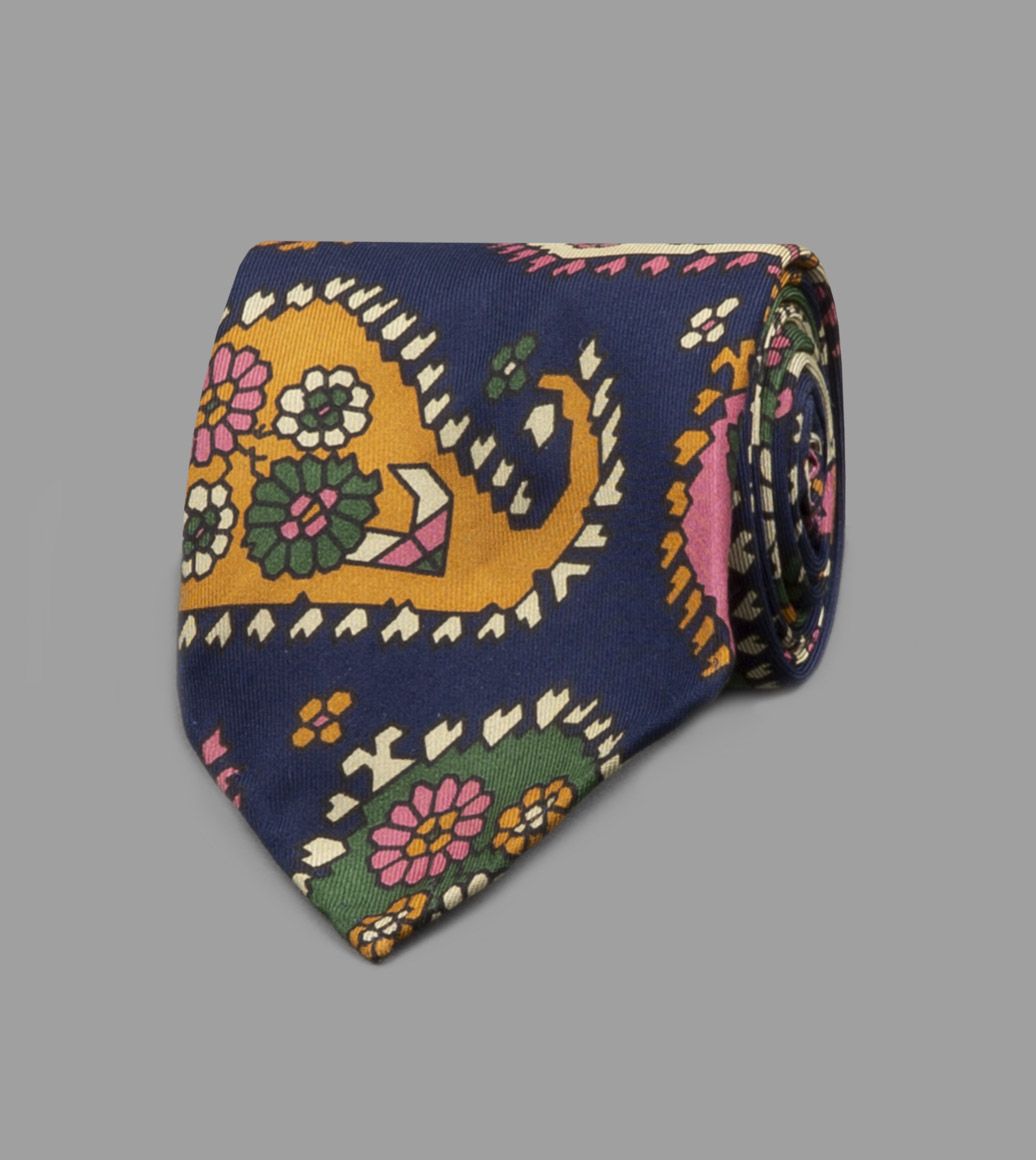 Navy, Orange and Pink Boteh Print Silk Tie