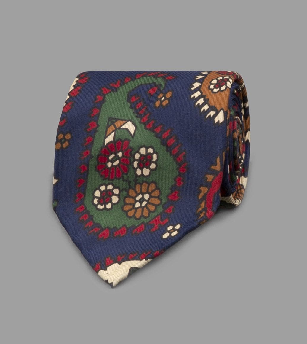 Navy, Red and Green Boteh Print Silk Tie