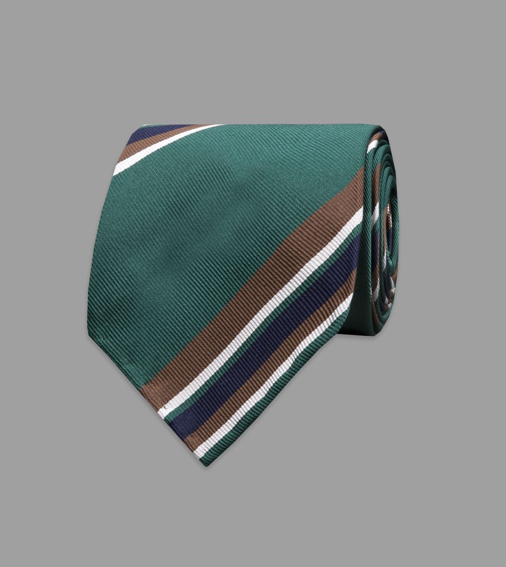 Green, Brown and Navy Multi-Stripe Repp Silk Tie