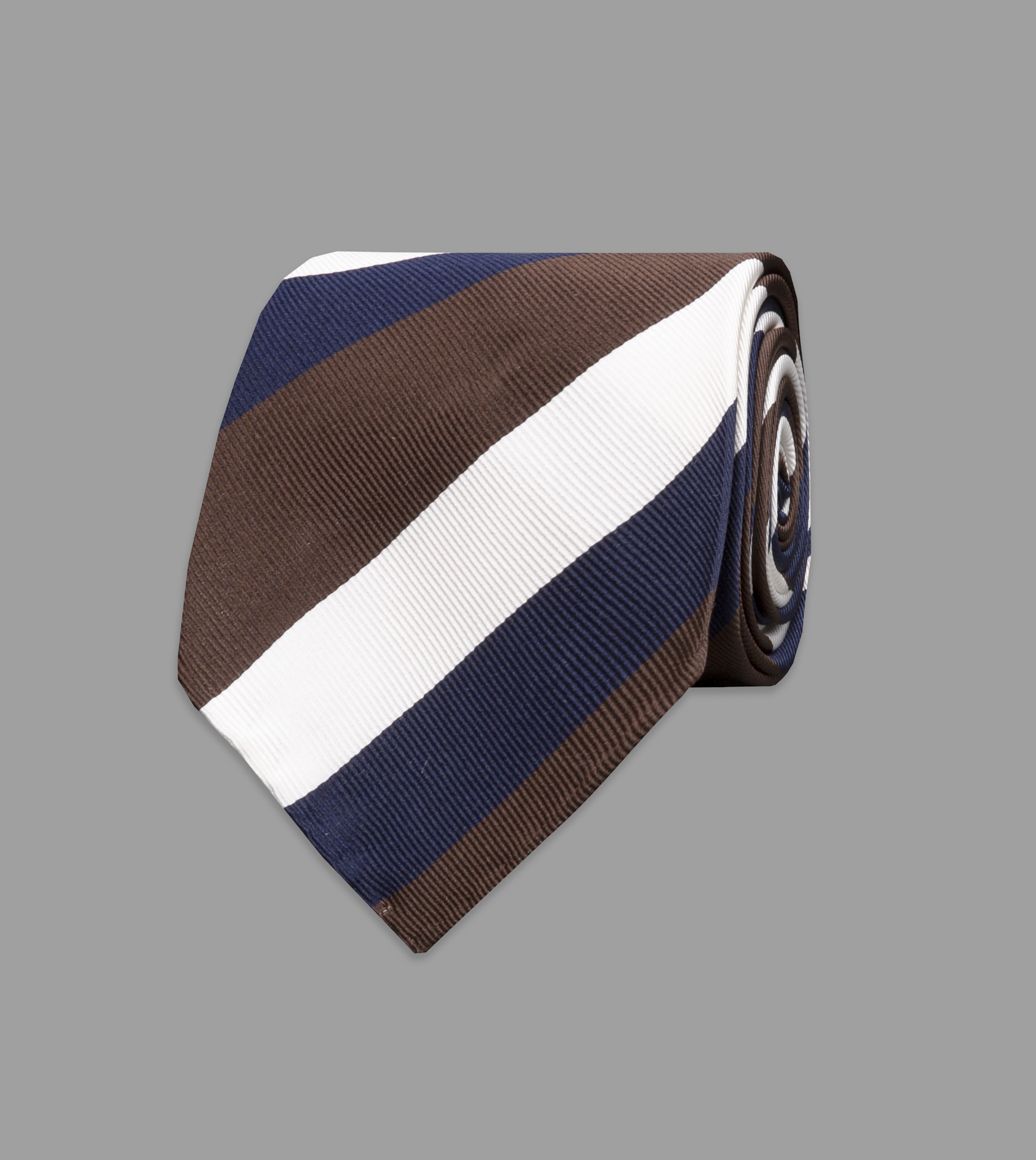 Brown, Cream and Navy Stripe Repp Silk Tie