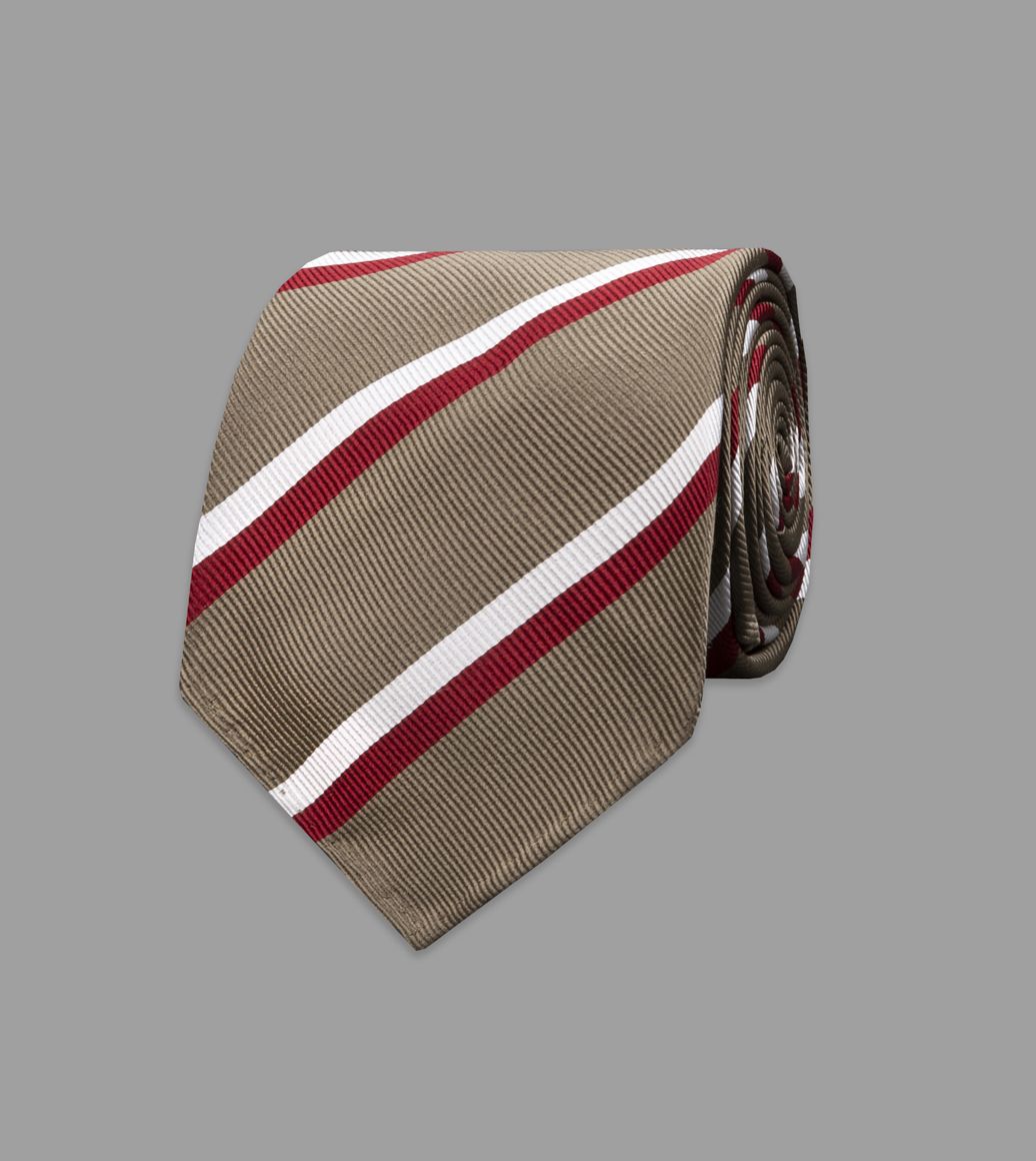Beige, Red and White Multi-Stripe Repp Silk Tie