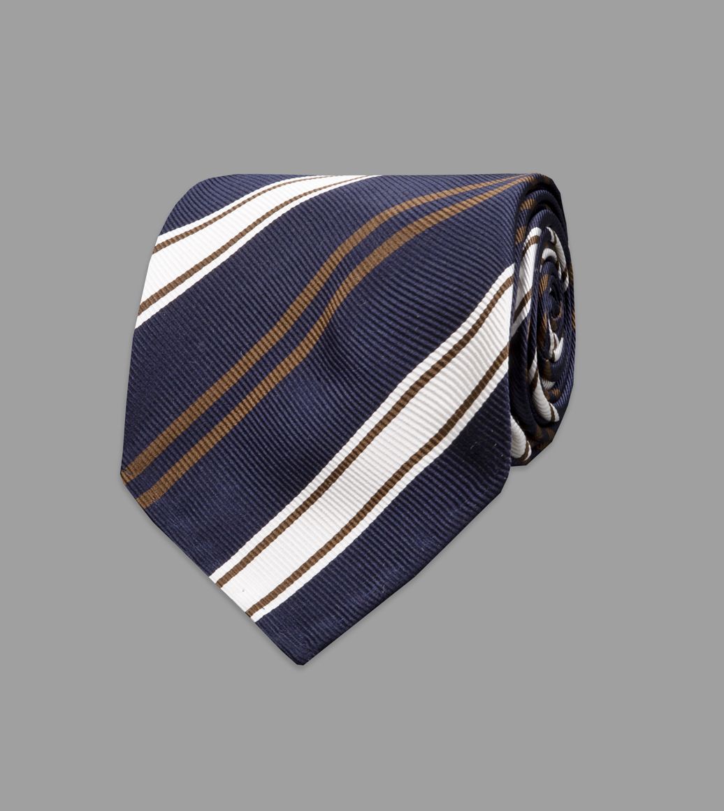 Navy, White and Brown Sandwich Stripe Repp Silk Tie