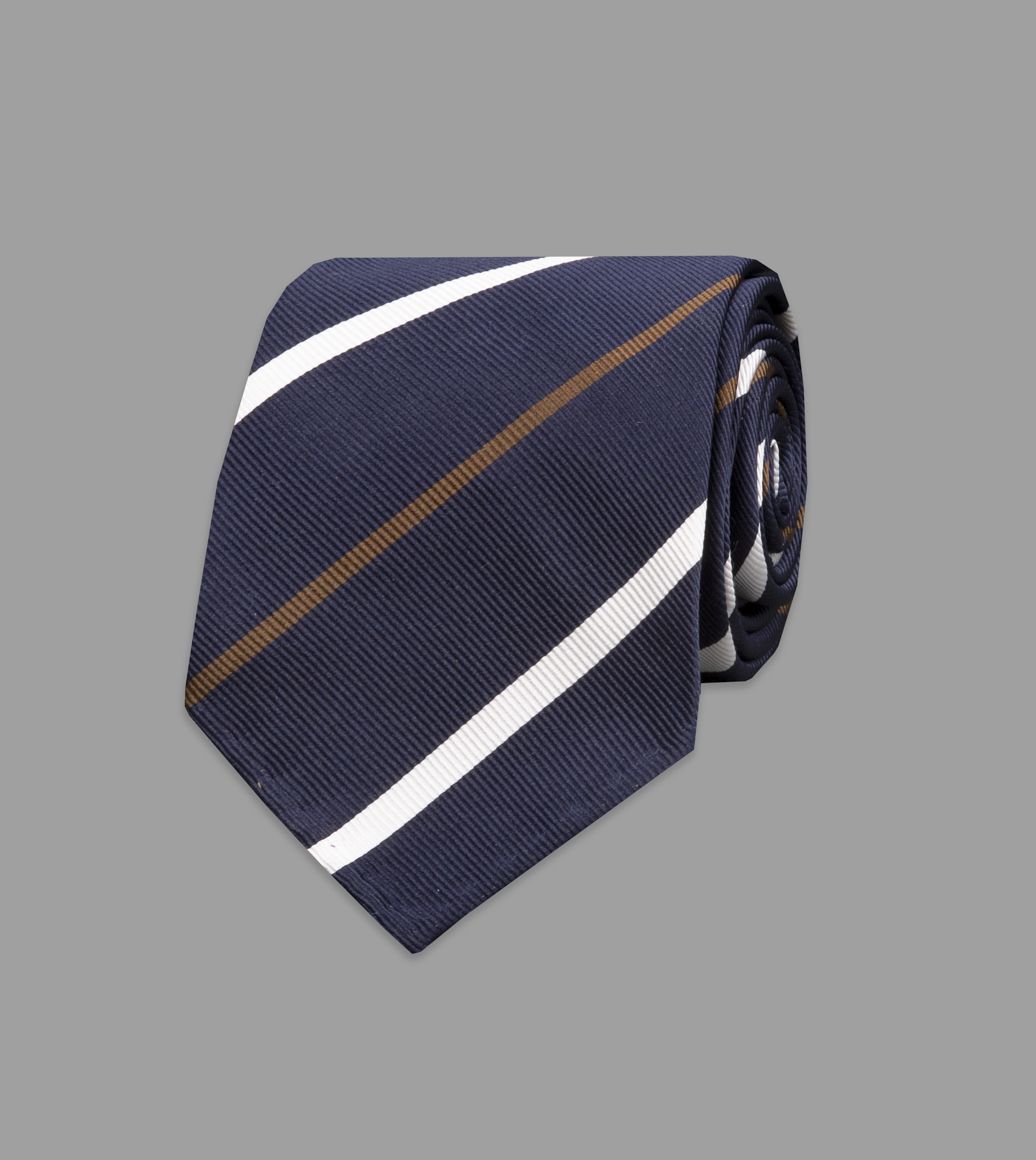 Navy, White and Brown Multi-Stripe Repp Silk Tie