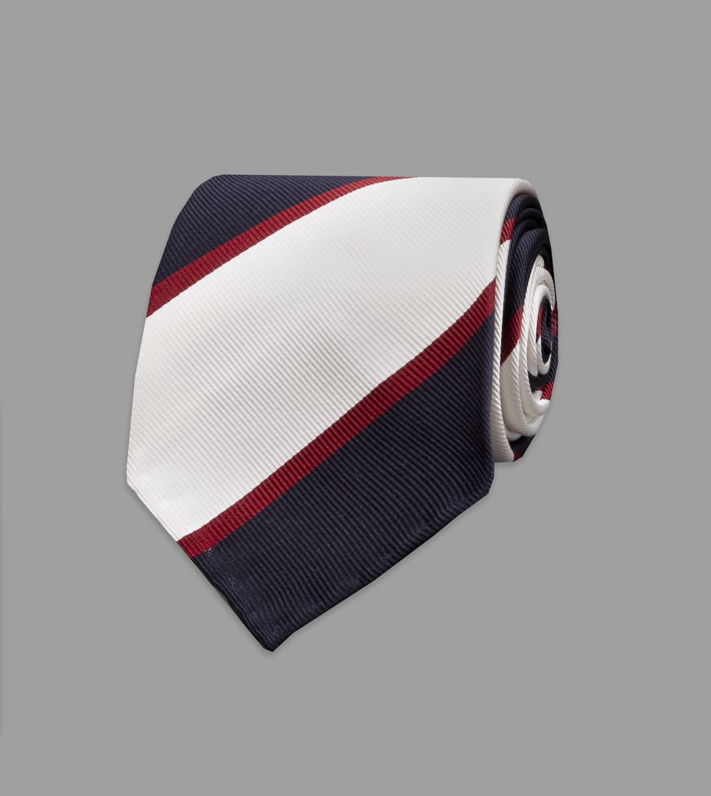 Navy, Cream and Red Stripe Repp Silk Tie