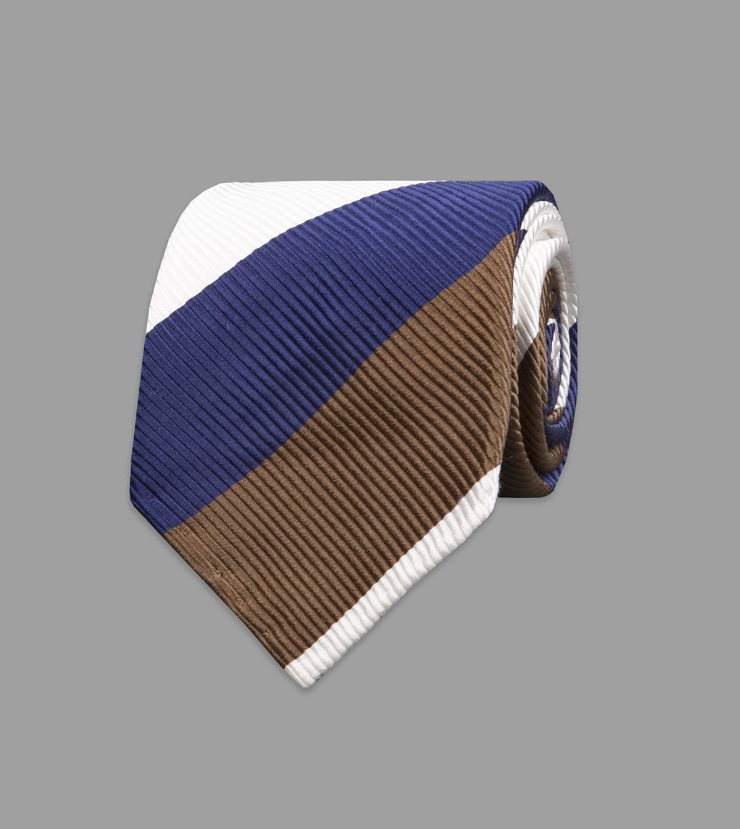 Cream, Navy and Brown Broad Stripe Repp Silk Tie