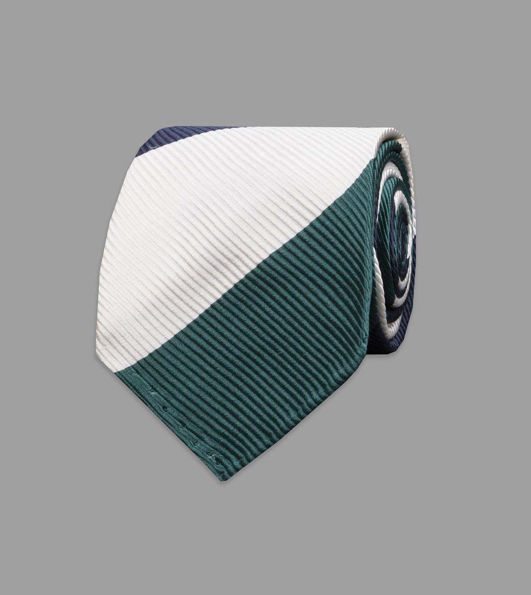 Navy, Green and White Broad Stripe Repp Silk Tie