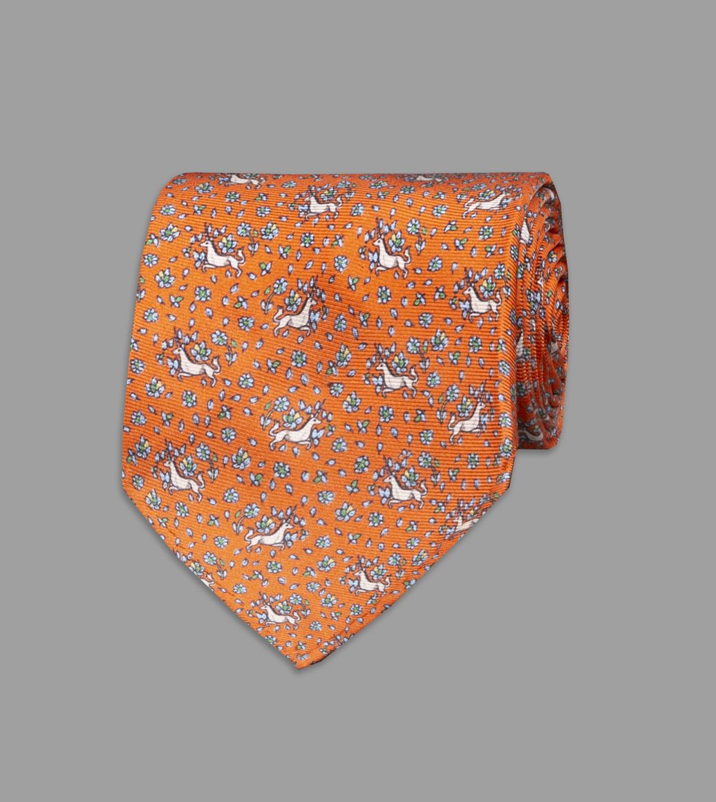Orange Mini Unicorn Print Silk Tie