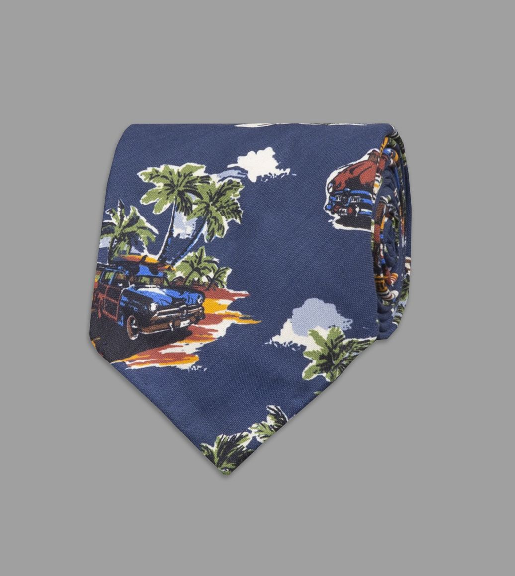 Blue Beach Hut Print Shappe Silk Tie