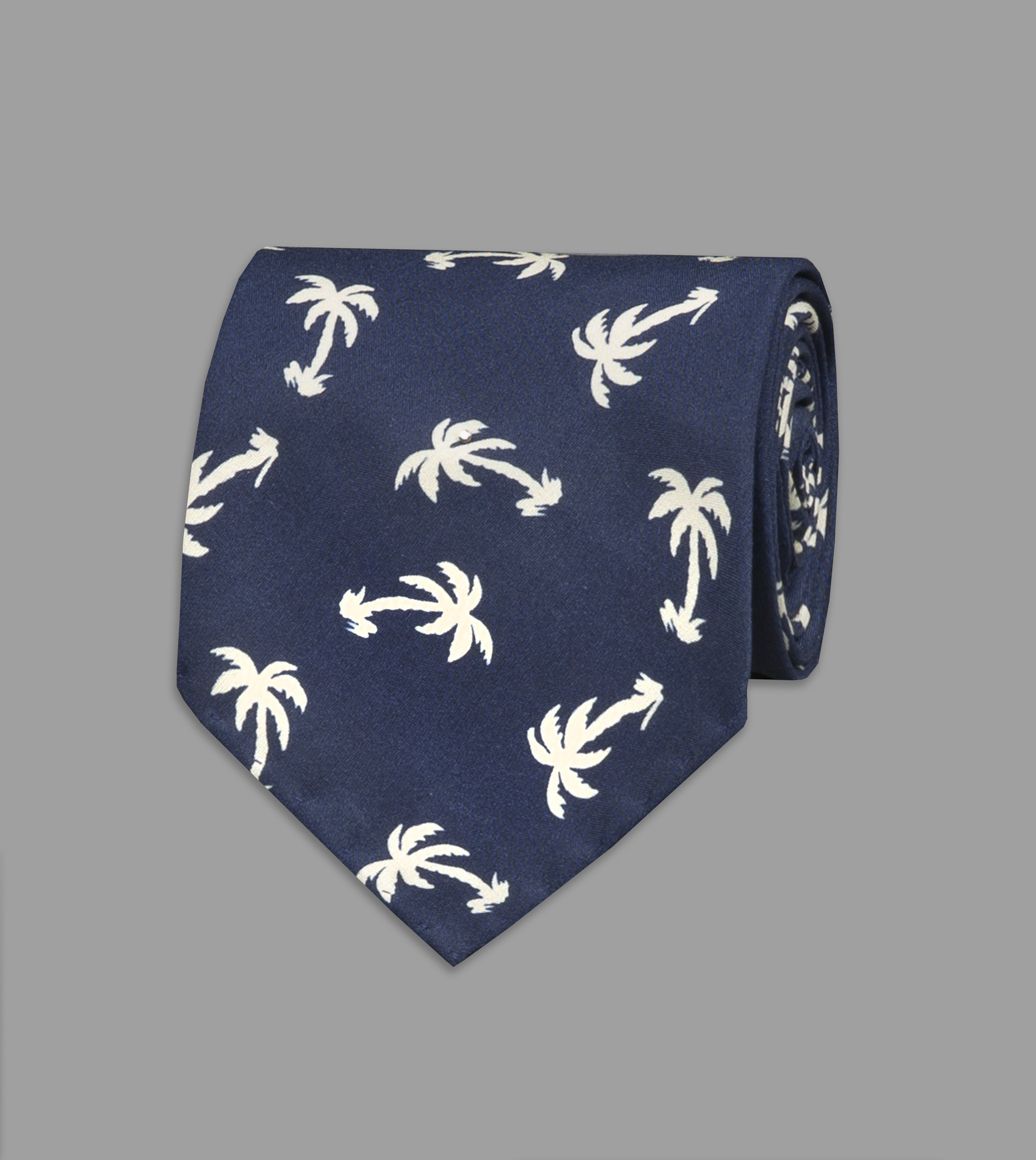 Navy Palm Tree Print Silk Tie
