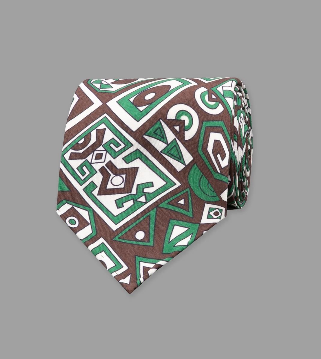 Brown Geometric Aztec Print Shappe Silk Tie