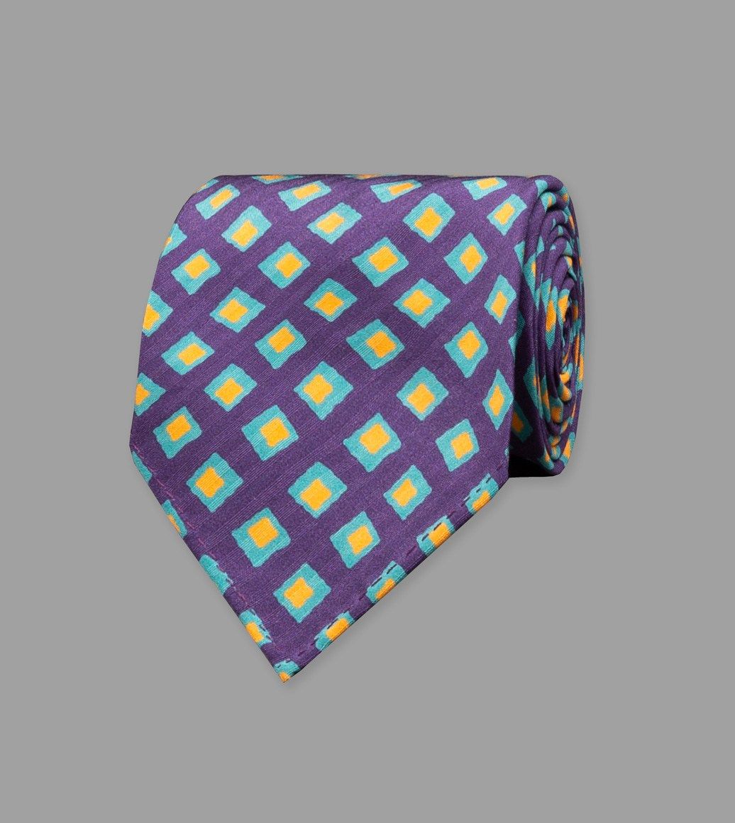 Purple Irregular Square Print Silk Seersucker Tie
