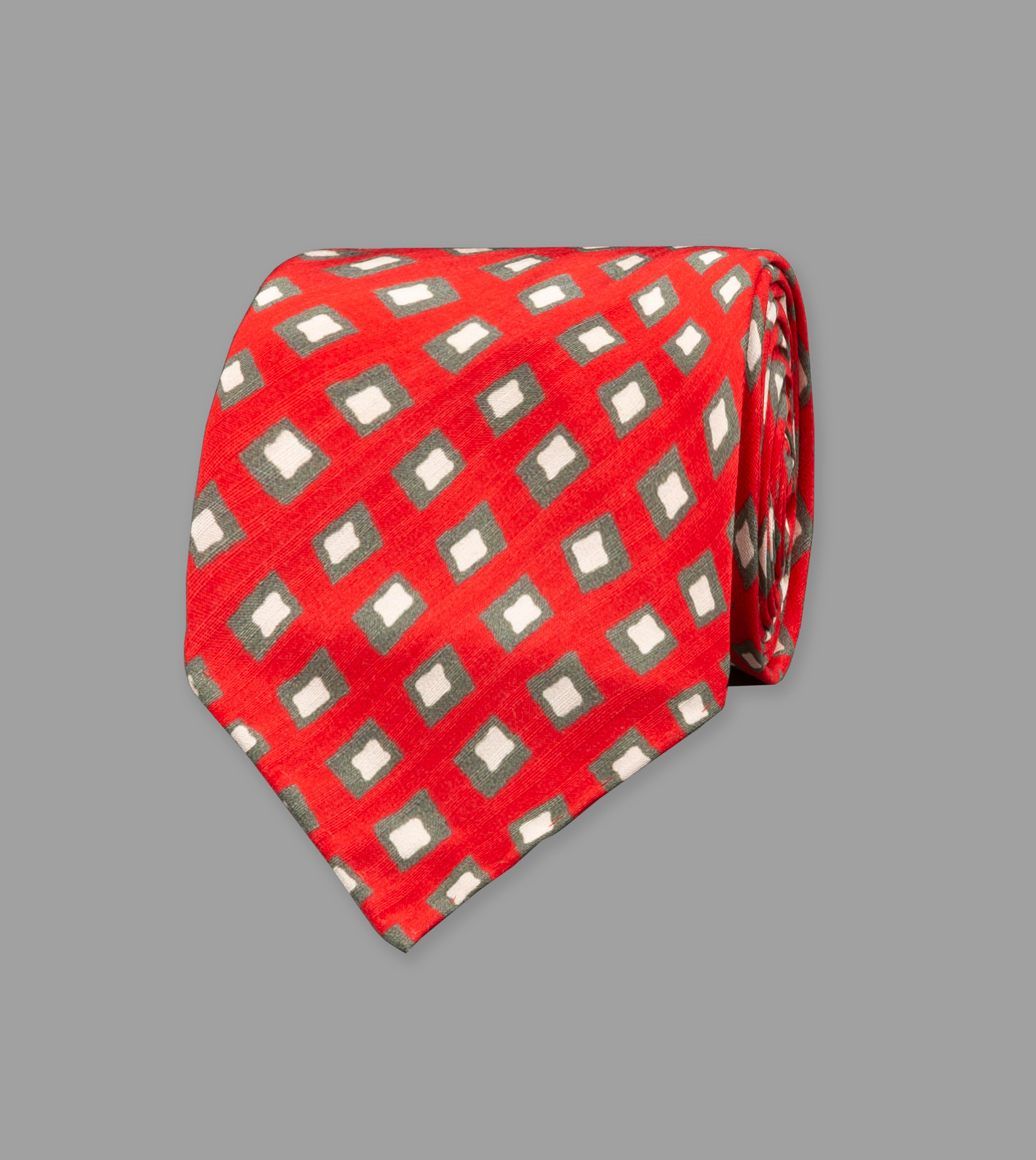 Red Irregular Square Print Silk Seersucker Tie