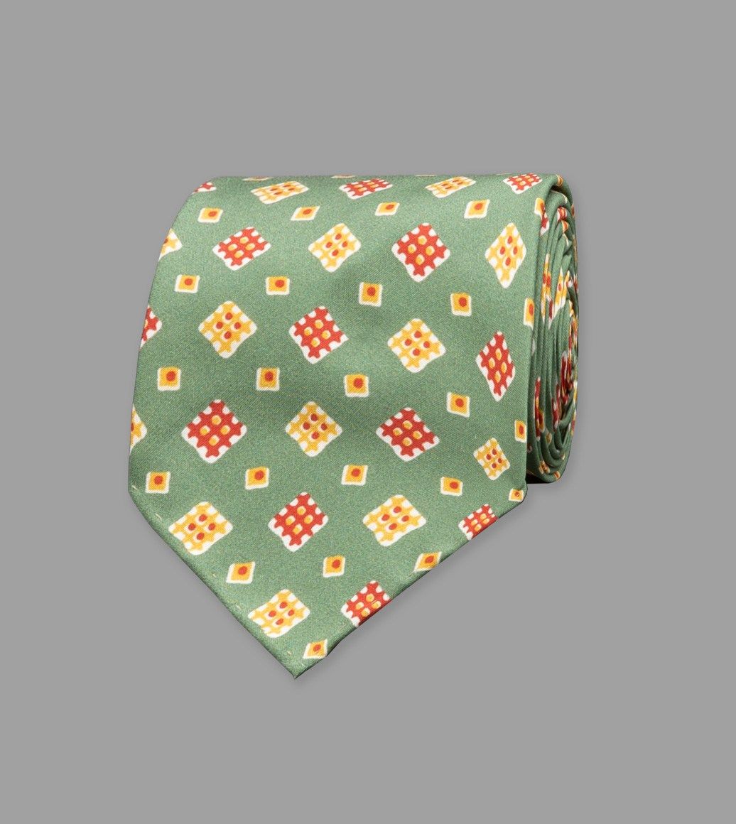 Green Waffle Square Print Silk Tie