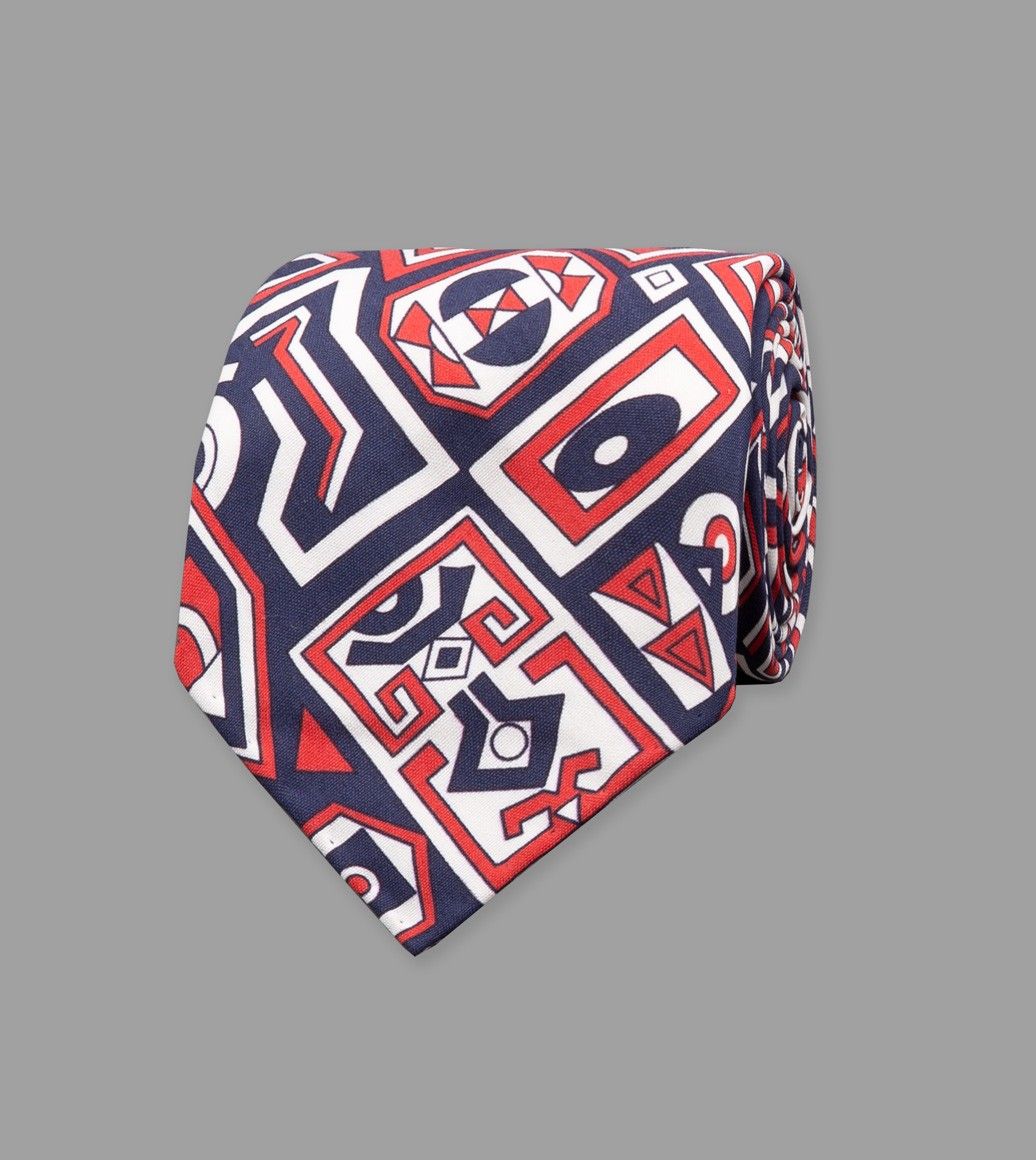 Navy Geometric Aztec Print Shappe Silk Tie