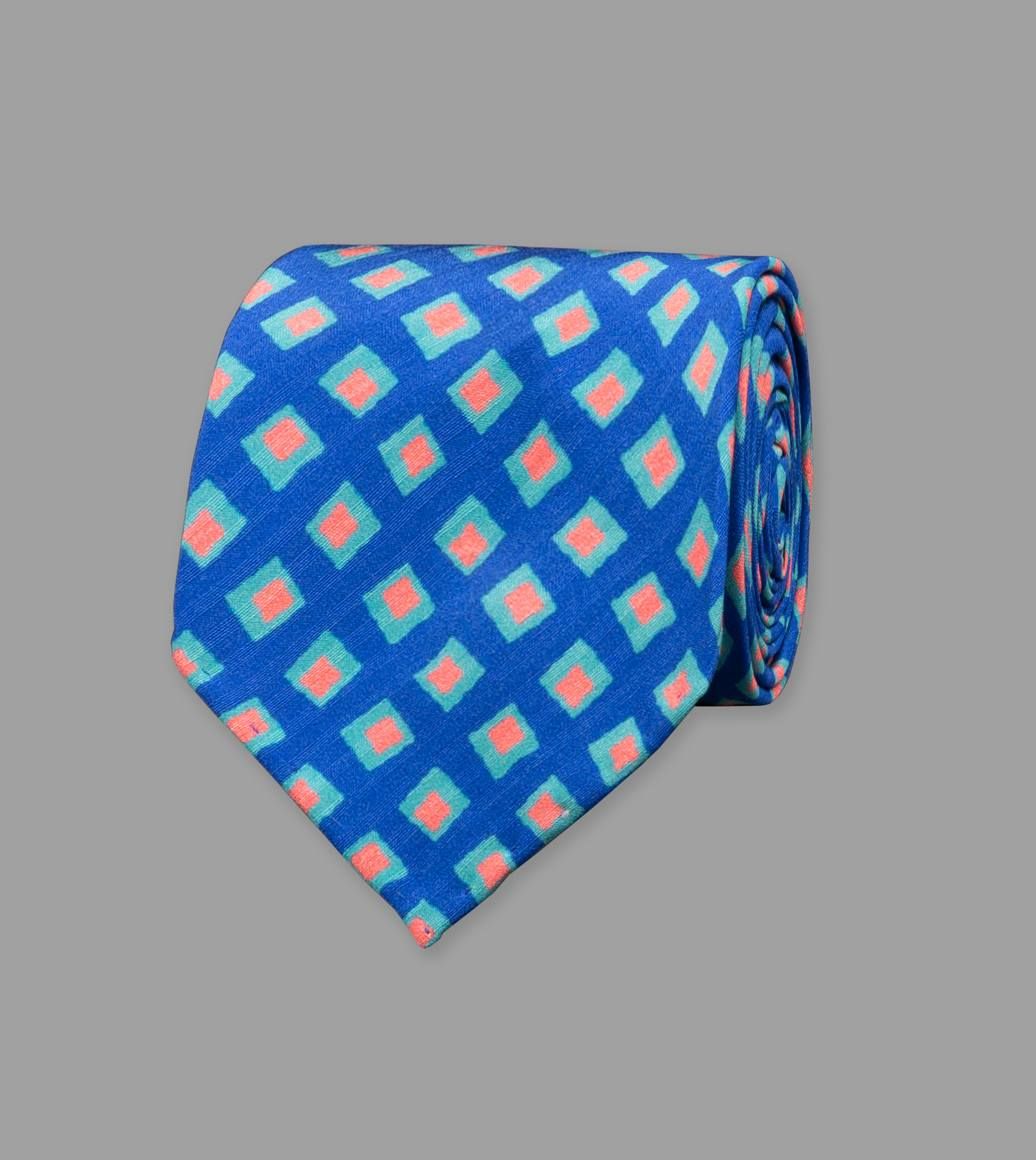 Blue Irregular Square Print Silk Seersucker Tie