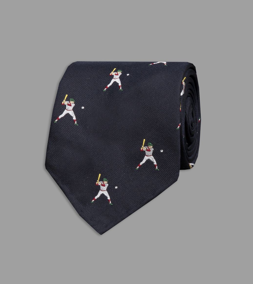 Navy Baseball Player Motif Silk Tie