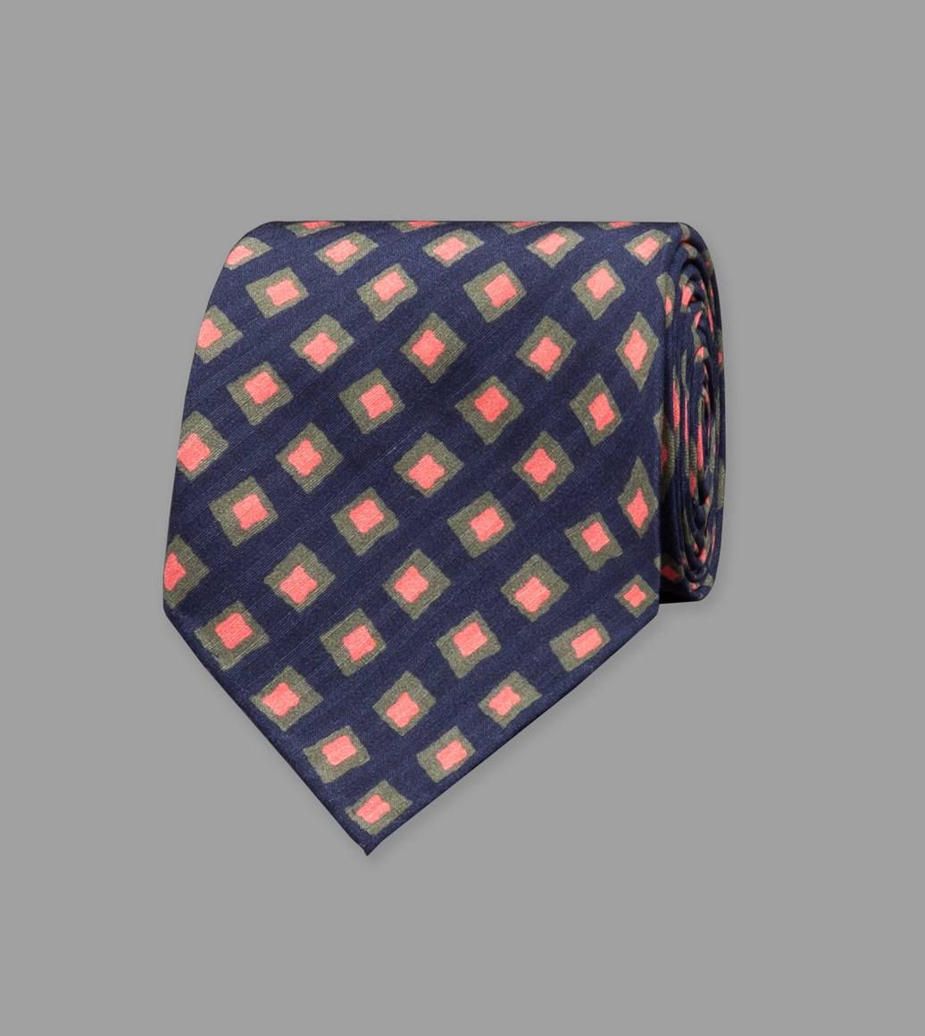 Navy Irregular Square Print Silk Seersucker Tie