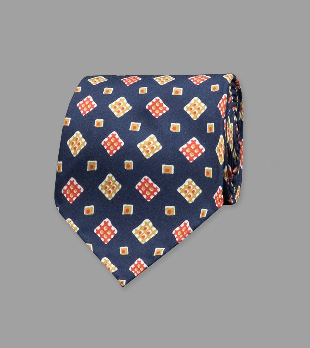 Navy Waffle Square Print Silk Tie