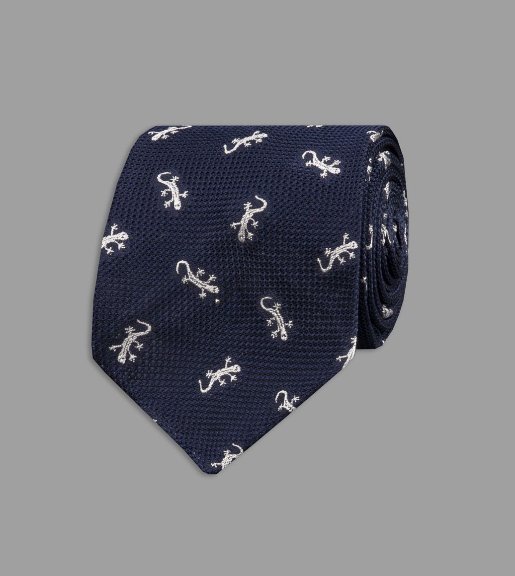 Navy Lizard Motif Silk Tie