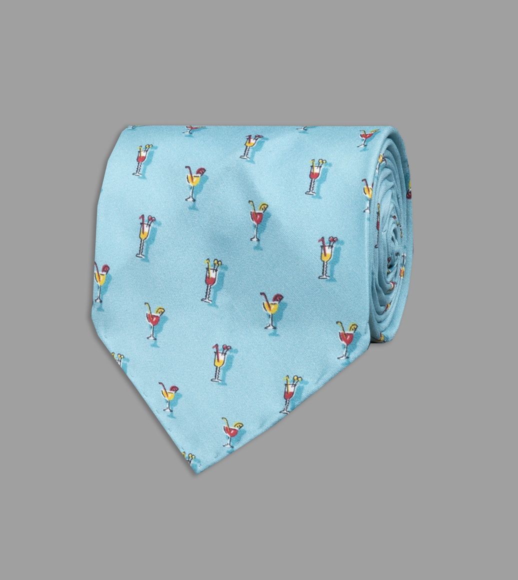 Blue Cocktail Print Silk Poplin Tie